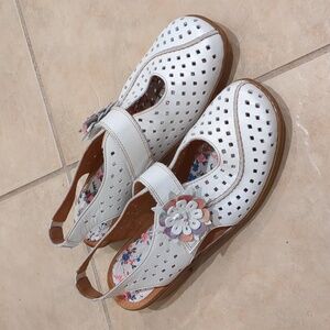 White Perforated Slingback Sandals with Floral Accent